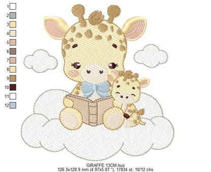 Reading Giraffe embroidery design - Safari Wild Animal with cub machine embroidery pattern - Baby Boy reading a book - Instant download pes