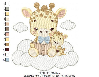 Reading Giraffe embroidery design - Safari Wild Animal with cub machine embroidery pattern - Baby Boy reading a book - Instant download pes