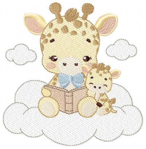Reading Giraffe embroidery design - Safari Wild Animal with cub machine embroidery pattern - Baby Boy reading a book - Instant download pes