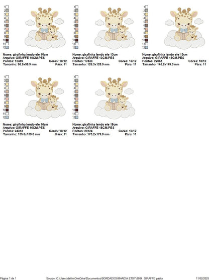 Reading Giraffe embroidery design - Safari Wild Animal with cub machine embroidery pattern - Baby Boy reading a book - Instant download pes