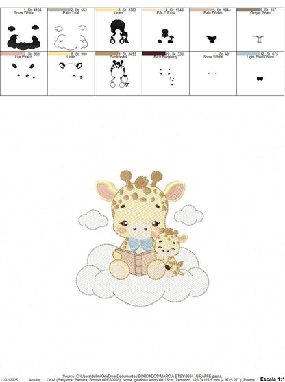 Reading Giraffe embroidery design - Safari Wild Animal with cub machine embroidery pattern - Baby Boy reading a book - Instant download pes