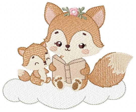 Red Fox mum with baby girl embroidery designs - Woodland animals reading a book machine embroidery pattern - Instant download pes jef dst