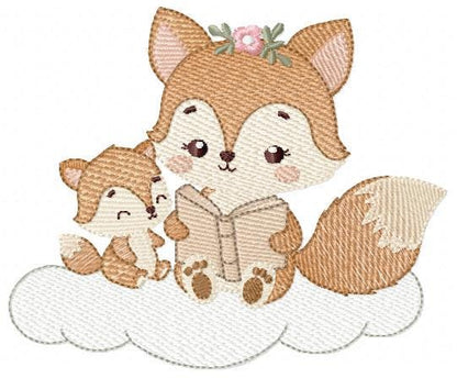 Red Fox mum with baby girl embroidery designs - Woodland animals reading a book machine embroidery pattern - Instant download pes jef dst