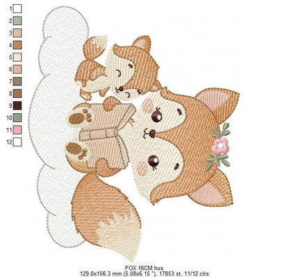 Red Fox mum with baby girl embroidery designs - Woodland animals reading a book machine embroidery pattern - Instant download pes jef dst