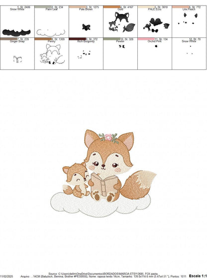Red Fox mum with baby girl embroidery designs - Woodland animals reading a book machine embroidery pattern - Instant download pes jef dst