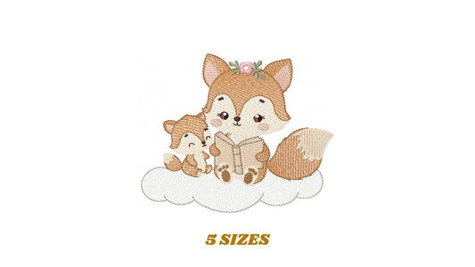 Red Fox mum with baby girl embroidery designs - Woodland animals reading a book machine embroidery pattern - Instant download pes jef dst