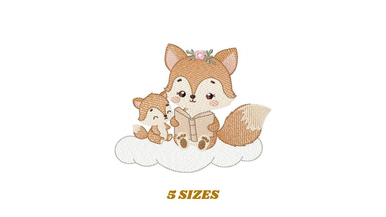 Red Fox mum with baby girl embroidery designs - Woodland animals reading a book machine embroidery pattern - Instant download pes jef dst