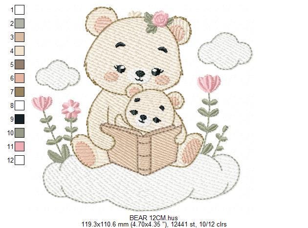 Reading Mother Bear embroidery designs - Teddy bear machine embroidery pattern - Bear with Baby Girl file - Instant download pes jef dst