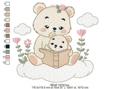Reading Mother Bear embroidery designs - Teddy bear machine embroidery pattern - Bear with Baby Girl file - Instant download pes jef dst