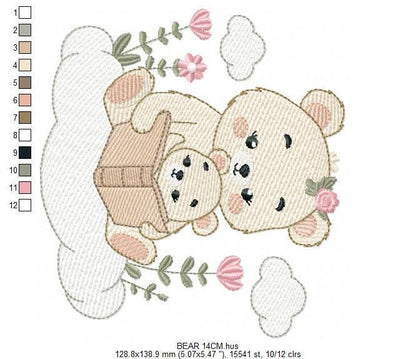 Reading Mother Bear embroidery designs - Teddy bear machine embroidery pattern - Bear with Baby Girl file - Instant download pes jef dst
