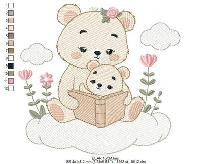 Reading Mother Bear embroidery designs - Teddy bear machine embroidery pattern - Bear with Baby Girl file - Instant download pes jef dst