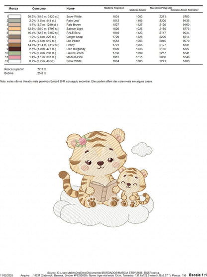 Female Tiger reading a book embroidery design - Wild Animal machine embroidery pattern - Baby girl file - Instant download pes jef dst hus