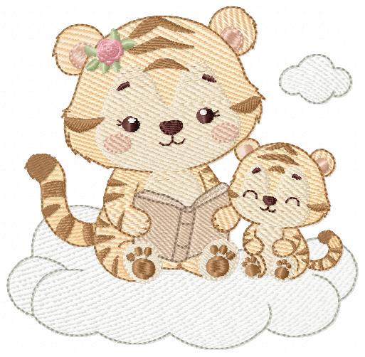 Female Tiger reading a book embroidery design - Wild Animal machine embroidery pattern - Baby girl file - Instant download pes jef dst hus