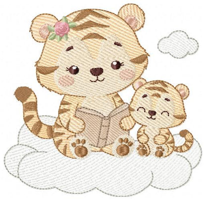 Female Tiger reading a book embroidery design - Wild Animal machine embroidery pattern - Baby girl file - Instant download pes jef dst hus