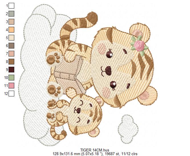 Female Tiger reading a book embroidery design - Wild Animal machine embroidery pattern - Baby girl file - Instant download pes jef dst hus
