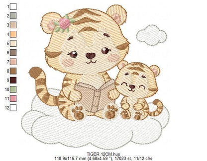 Female Tiger reading a book embroidery design - Wild Animal machine embroidery pattern - Baby girl file - Instant download pes jef dst hus