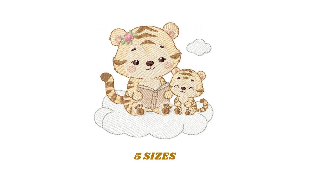 Female Tiger reading a book embroidery design - Wild Animal machine embroidery pattern - Baby girl file - Instant download pes jef dst hus