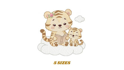 Female Tiger reading a book embroidery design - Wild Animal machine embroidery pattern - Baby girl file - Instant download pes jef dst hus