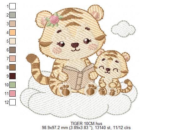 Female Tiger reading a book embroidery design - Wild Animal machine embroidery pattern - Baby girl file - Instant download pes jef dst hus