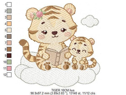 Female Tiger reading a book embroidery design - Wild Animal machine embroidery pattern - Baby girl file - Instant download pes jef dst hus