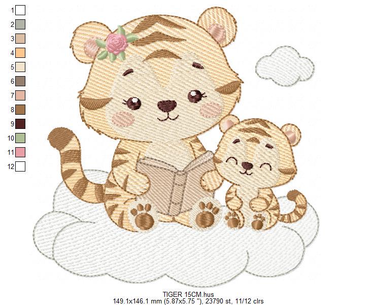 Female Tiger reading a book embroidery design - Wild Animal machine embroidery pattern - Baby girl file - Instant download pes jef dst hus