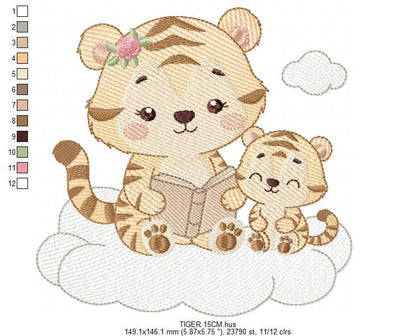Female Tiger reading a book embroidery design - Wild Animal machine embroidery pattern - Baby girl file - Instant download pes jef dst hus