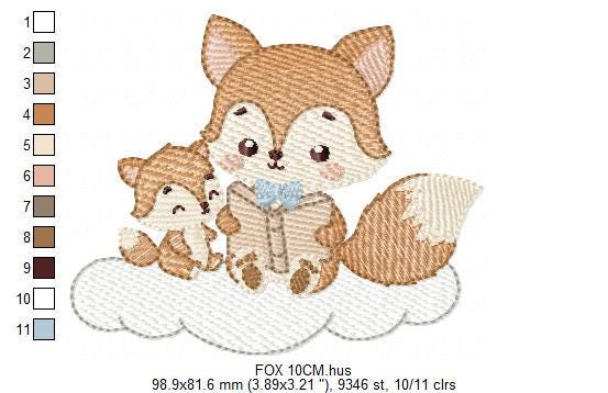 Fox reading embroidery designs - Red Fox with cub machine embroidery pattern - Baby boy reading file - Instant download pes jef dst hus vp3