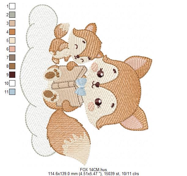 Fox reading embroidery designs - Red Fox with cub machine embroidery pattern - Baby boy reading file - Instant download pes jef dst hus vp3