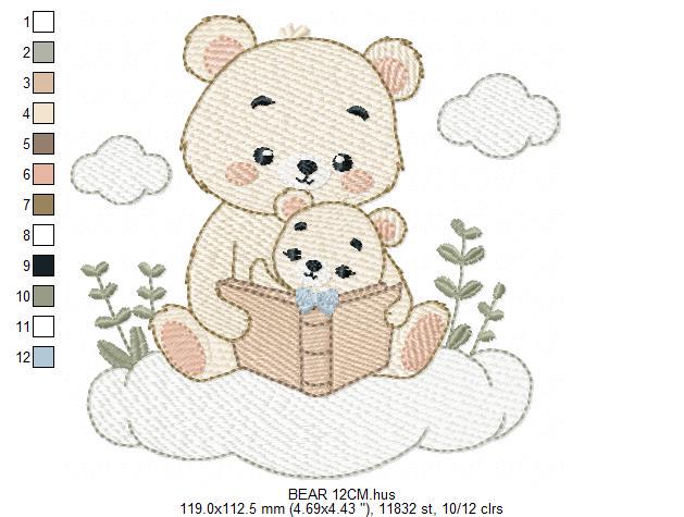 Bear reading embroidery designs - Teddy Bear with cub machine embroidery pattern - Baby Boy reading a book file - Instant download pes jef