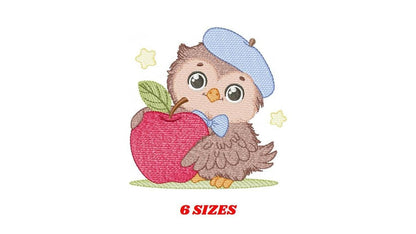 Owl with apple embroidery design - Baby Boy Bird with cap machine embroidery pattern - School Teacher file - Owl with - Instant download