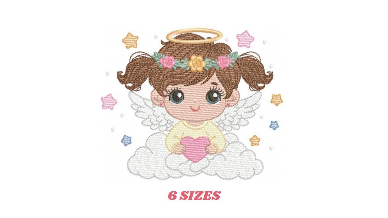 Angel with wings embroidery designs - Angelic Baby girl with cloud machine embroidery pattern - Girl with wings - Instant download pes jef