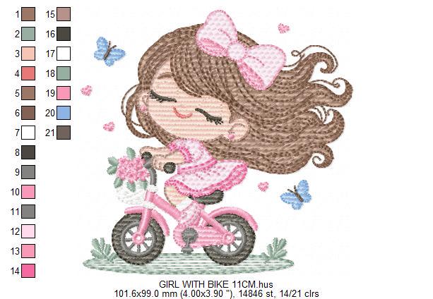 Girl with bike embroidery designs - Baby Girl with long hair machine embroidery pattern - Scooter file - Instant digital download pes jef