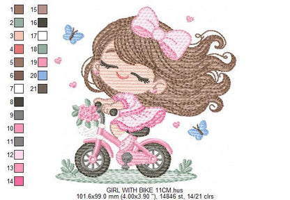 Girl with bike embroidery designs - Baby Girl with long hair machine embroidery pattern - Scooter file - Instant digital download pes jef