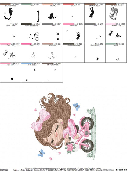 Girl with bike embroidery designs - Baby Girl with long hair machine embroidery pattern - Scooter file - Instant digital download pes jef