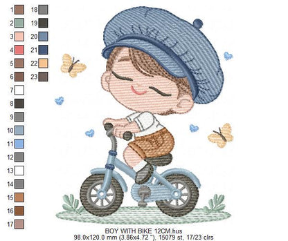 Boy with bike embroidery designs - Baby Boy with beret hat machine embroidery pattern - Bicycle cyclist Biker - Instant digital download