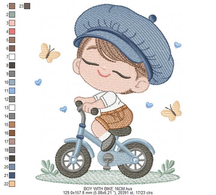 Boy with bike embroidery designs - Baby Boy with beret hat machine embroidery pattern - Bicycle cyclist Biker - Instant digital download