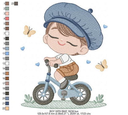 Boy with bike embroidery designs - Baby Boy with beret hat machine embroidery pattern - Bicycle cyclist Biker - Instant digital download