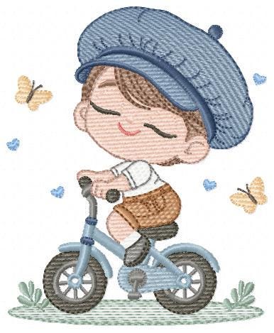 Boy with bike embroidery designs - Baby Boy with beret hat machine embroidery pattern - Bicycle cyclist Biker - Instant digital download