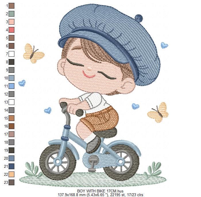Boy with bike embroidery designs - Baby Boy with beret hat machine embroidery pattern - Bicycle cyclist Biker - Instant digital download