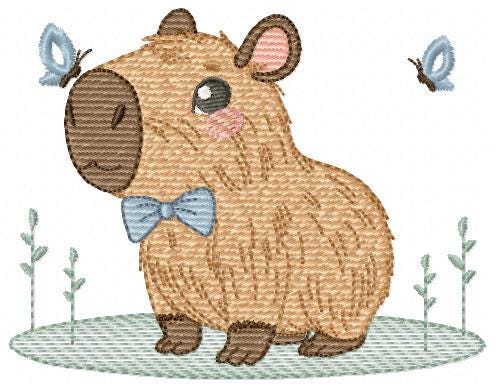 Capybara embroidery designs - Water river animal machine embroidery pattern - Baby boy big guinea pig with bow tie file - Instant download