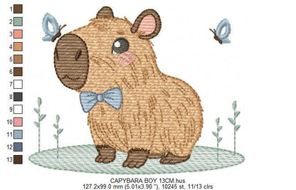 Capybara embroidery designs - Water river animal machine embroidery pattern - Baby boy big guinea pig with bow tie file - Instant download