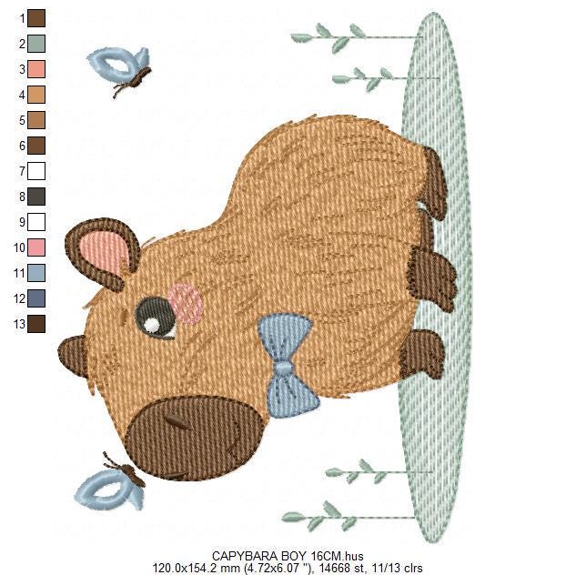 Capybara embroidery designs - Water river animal machine embroidery pattern - Baby boy big guinea pig with bow tie file - Instant download