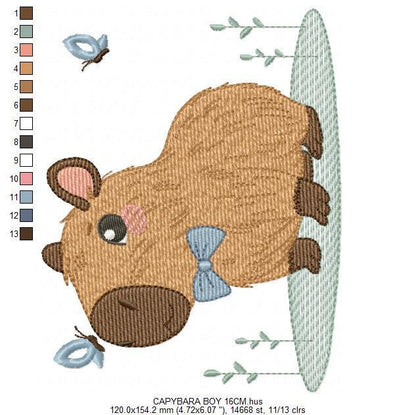 Capybara embroidery designs - Water river animal machine embroidery pattern - Baby boy big guinea pig with bow tie file - Instant download