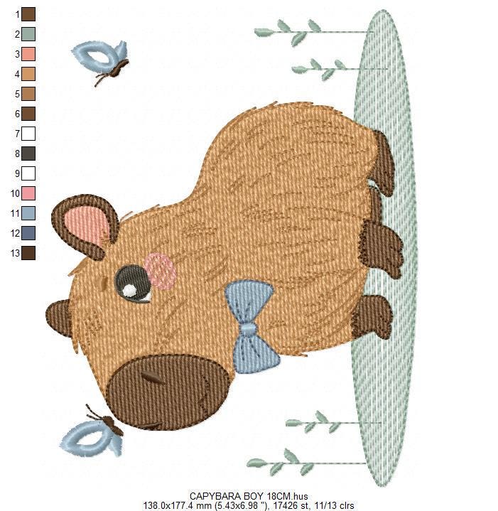Capybara embroidery designs - Water river animal machine embroidery pattern - Baby boy big guinea pig with bow tie file - Instant download