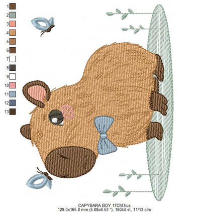 Capybara embroidery designs - Water river animal machine embroidery pattern - Baby boy big guinea pig with bow tie file - Instant download