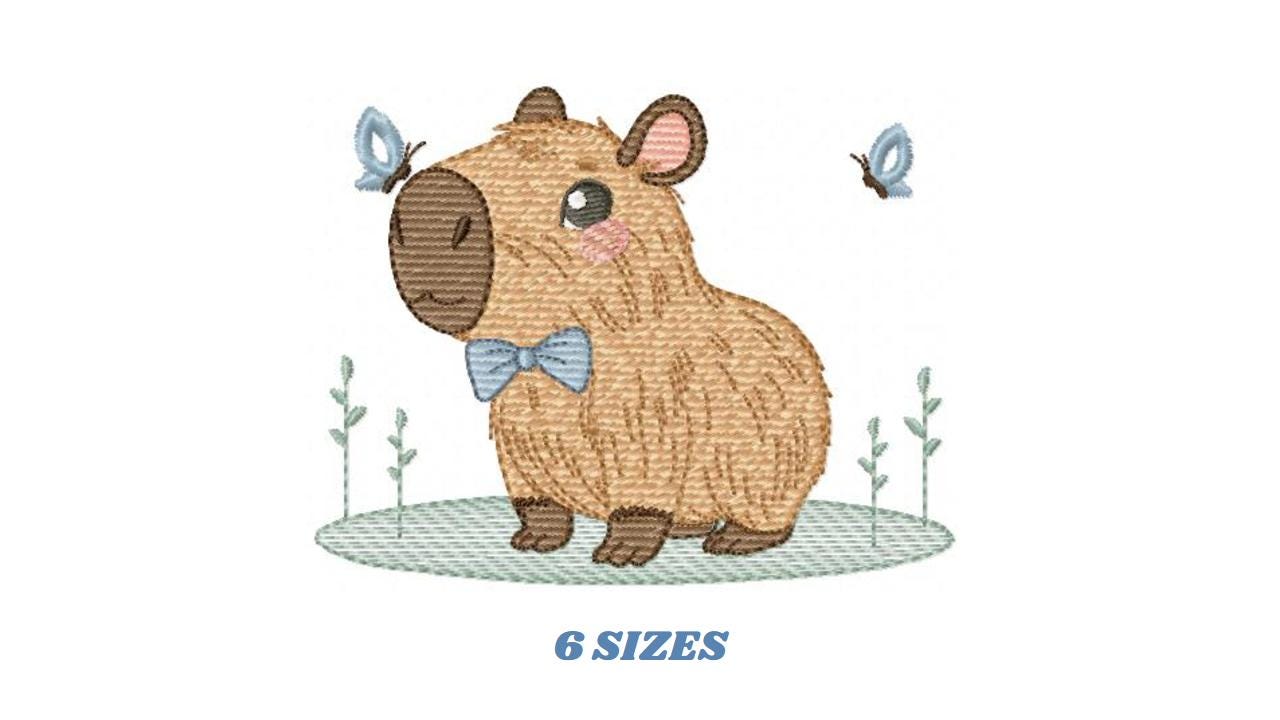 Capybara embroidery designs - Water river animal machine embroidery pattern - Baby boy big guinea pig with bow tie file - Instant download