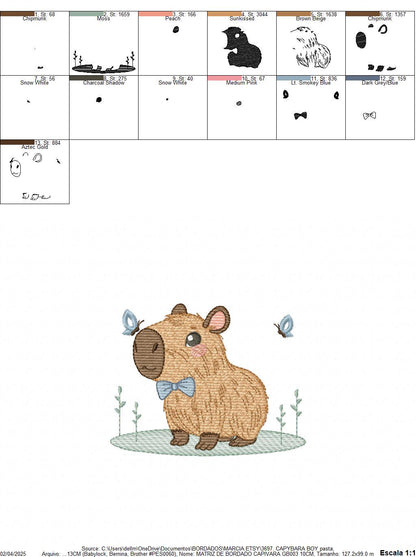 Capybara embroidery designs - Water river animal machine embroidery pattern - Baby boy big guinea pig with bow tie file - Instant download