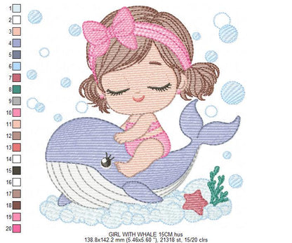 Whale embroidery designs - Diver Swiming Girl machine embroidery pattern - Ocean coral sea algae animal file - Instant download pes jef dst