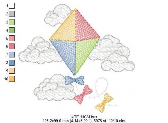 Kite embroidery designs - Baby Boy machine embroidery pattern - Kid toy file - Sky flying clouds - Instant digital download pes jef dst hus