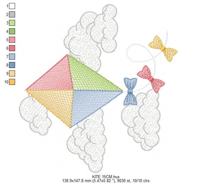 Kite embroidery designs - Baby Boy machine embroidery pattern - Kid toy file - Sky flying clouds - Instant digital download pes jef dst hus